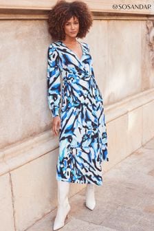 Sosandar Blue Print Blouson Sleeve Wrap Jersey Midi Dress (276678) | 341 QAR