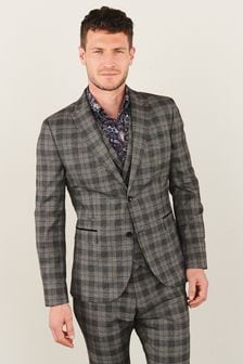 Grey Skinny Fit Trimmed Check Suit: Jacket (277252) | €56