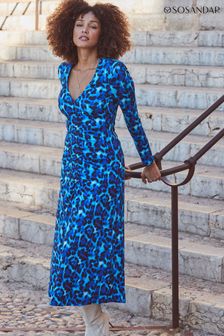 Sosandar Blue Print Ruched Detail Jersey Midi Dress (277511) | 371 QAR
