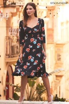 Sosandar Black Floral Print Sweetheart Neck Dress (277728) | AED416