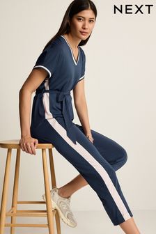 Navy Blue Short Sleeve Tipped Jumpsuit (279264) | $114
