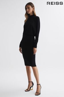 Reiss Black Freya Petite Wool Blend Ruched Sleeve Midi Dress (279676) | SGD 546