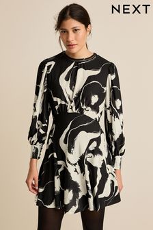 Black/White Mono Floral Long Sleeve Mini Dress (280733) | €41.50