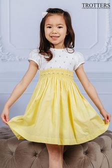 Trotters London Girls Lemon Yellow Rose Hand Smocked Dress (283044) | ₪ 363