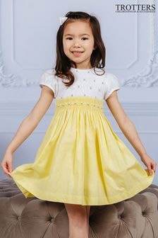 Trotters London Girls Lemon Yellow Rose Hand Smocked Dress (283044) | $151 - $161