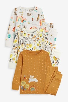 Ochre/Cream 3 Pack Appliqué Bunny Cotton Snuggle Pyjamas (9mths-8yrs) (283049) | $85 - $103