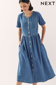 Mid Blue Button Through Denim Summer Midi Dress (284553) | $56