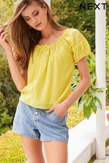 Yellow 100% Cotton Lace Detail Short Sleeve Top (284981) | 84 zł