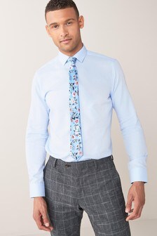 Trim Detail Shirt And Printed Tie Set