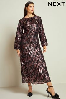 Black/Pink Long Sleeve Twist Sequin Midi Dress (286120) | 402 SAR