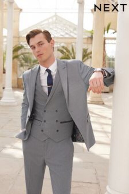 Grey Slim Slim Fit Trimmed Herringbone Suit (286521) | $182