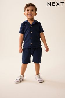 Navy Blue Short Sleeve Towelling Shirt and Shorts Set (3mths-7yrs) (286642) | ￥2,600 - ￥3,300