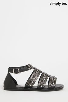Črni široki sandali z ravnim podplatom in perlicami Simply Be (290794) | €20