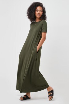 Khaki Green Column Maxi T-Shirt Dress (291628) | $40