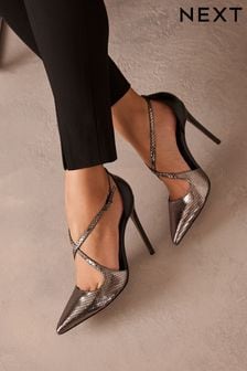 Pewter Silver Signature Leather Cross-Over Strap Stiletto Court Shoes (292713) | €38