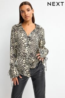 Monochrome Print Tie Sleeve Textured Collared V-Neck Blouse (293172) | ₪ 93