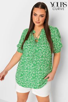 Yours Curve Green Floral Print Tie Neck Blouse (294443) | AED139