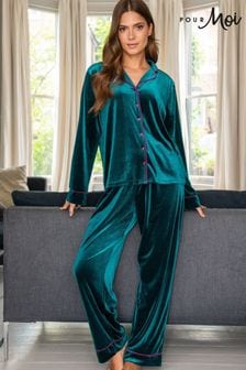 Pour Moi Green Velour Revere Collar Pyjama Set (296162) | $108