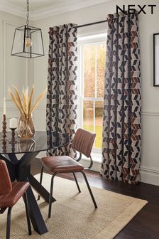 Monochrome/Brown Chevron Jacquard Eyelet Lined Curtains