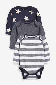 Navy Blue Star Long Sleeve Baby Bodysuits 3 Pack (0mths-3yrs) (296930) | $20 - $24