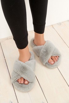 Pale Grey Crossover Cork Faux Fur Slider Slippers (297067) | €26