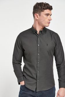 Charcoal Grey Regular Fit Long Sleeve Stretch Oxford Shirt (297321) | $35