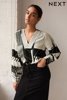 黑白色系列印花 - V領對比色縫線長袖女裝上衣 (297896) | NT$1,040