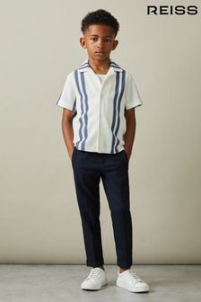 Reiss White/Airforce Blue Castle Junior Ribbed Cuban Collar Shirt (298812) | OMR23