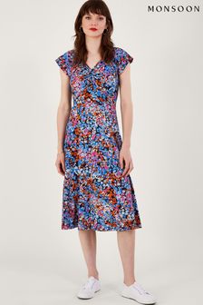 Monsoon Blue Twist Detail Ditsy Print Jersey Dress (299169) | €47.50