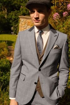 Taupe Brown Slim Fit Trimmed Check Suit Jacket (299235) | SGD 175