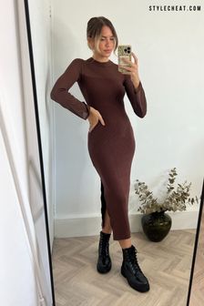 Style Cheat Brown Sheer Sleeve Ribbed Knitted Midi Dress (299962) | 34 €