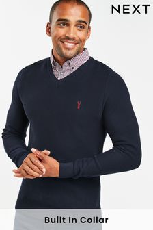 Granatowy w kratkę - Sweter z okrągłym dekoltem o kroju regularnym z motywem koszuli (299975) | 230 zł