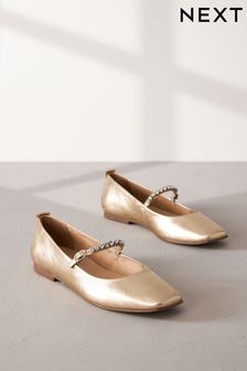 Gold Jewel Signature Leather Mary Jane Flat Shoes (301012) | AED192