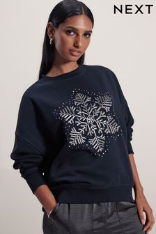 Marineblau - Weihnachts-Sweatshirt mit gestickter Schneeflocke und Glitzer (301034) | 51 €