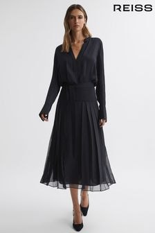 Reiss Navy Mya Pleated Long Sleeve Midi Dress (302892) | $474