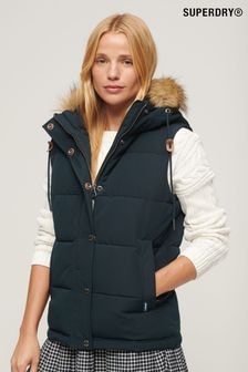 Superdry Blue Everest Faux Fur Puffer 100% Cotton Gilet (303572) | $163