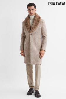 Reiss Oatmeal Jackie Wool Check Faux Fur Lapel Coat (304857) | €627