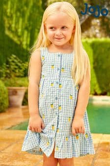 JoJo Maman Bébé Duck Egg Gingham Lemon Embroidered Frill Dress (305173) | €35