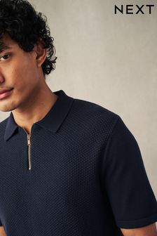 Navy Blue Knitted Bubble Textured Regular Fit Polo Shirt (305422) | SGD 53