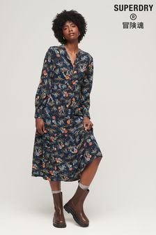 Superdry Blue Long Sleeve Tiered Midi Dress (305554) | SGD 126