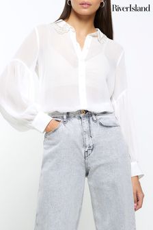 River Island White Embellished Collar Chiffon Shirt (305904) | ₪ 201