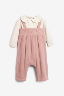 Blush Pink Embroidered Woven Baby Dungarees And Bodysuit (0mths-2yrs) (305915) | BGN 55 - BGN 60
