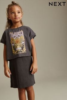 Charcoal Grey Retro Floral Graphic 2-in-1 Rib Dress And T-Shirt (3-16yrs) (306741) | HK$113 - HK$157