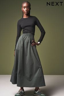 Khaki Green Poplin Midi Shirred Waist Skirt (306975) | OMR14