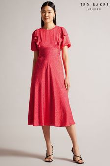 Ted Baker Pink Mayyia Puff Sleeve Ruffle Midi Dress (308283) | €102