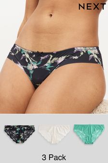 Navy Blue Floral Print/Cream/Green Brazilian No VPL Lace Back Briefs 3 Pack (309575) | AED60