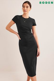Boden Side Ruched Jersey Black Midi Dress (30P407) | $124