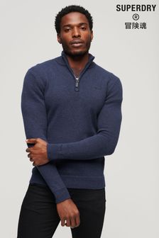 Tmavě modrá - Vyšívaný pletený svetr Superdry Essential s knoflíky u krku (310256) | 1 985 Kč