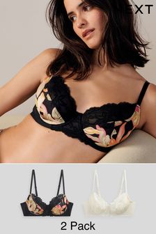 Black Floral Print/Cream Non Pad Full Cup Bras 2 Pack (310309) | LEI 164