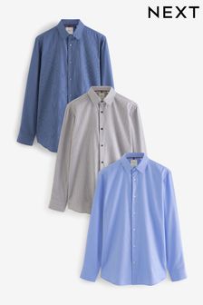 藍色/灰色織紋 - 標準剪裁 - 防皺單袖口襯衫3件裝 (311570) | NT$2,600